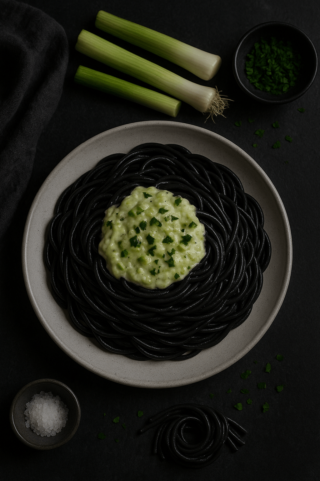 Spaghetti negros con crema de&nbsp;puerros