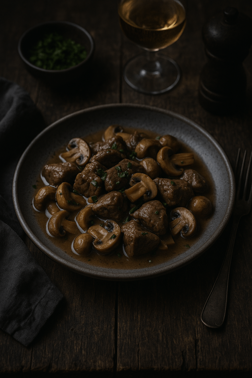 Ternera con champiñones y vino&nbsp;blanco