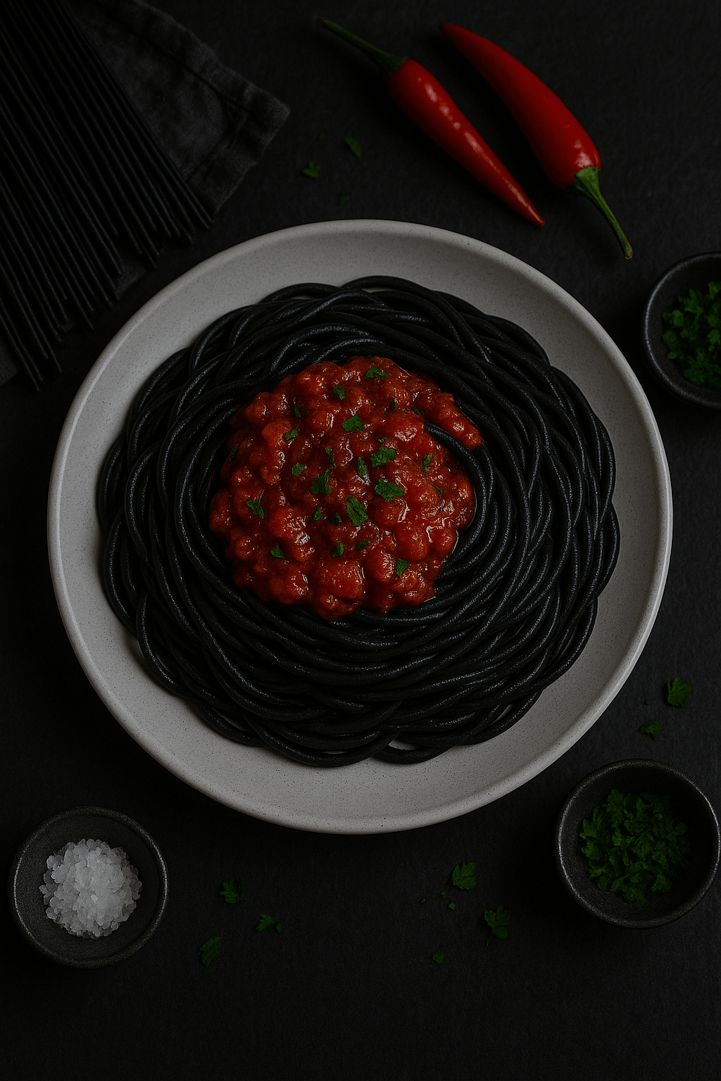 Spaghetti negros con salsa de tomate&nbsp;picante