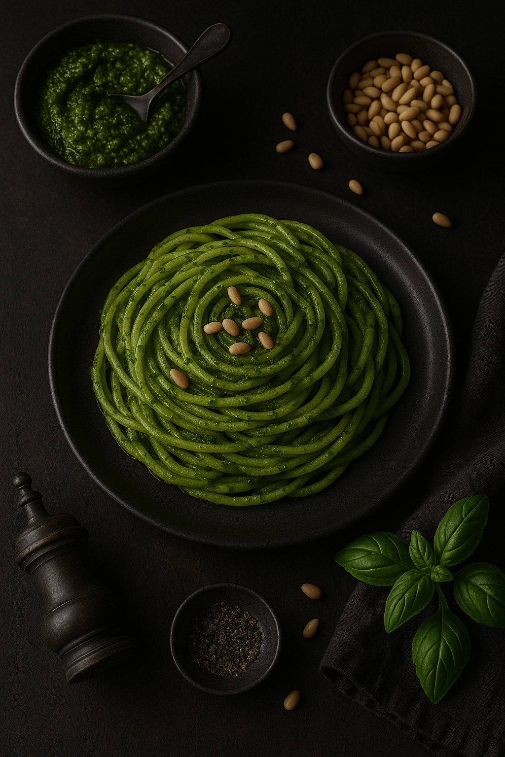 Spaghetti Fini con pesto de albahaca y&nbsp;piñones