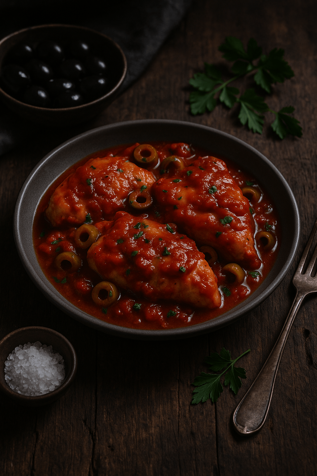 Pollo con salsa de tomate y&nbsp;aceitunas