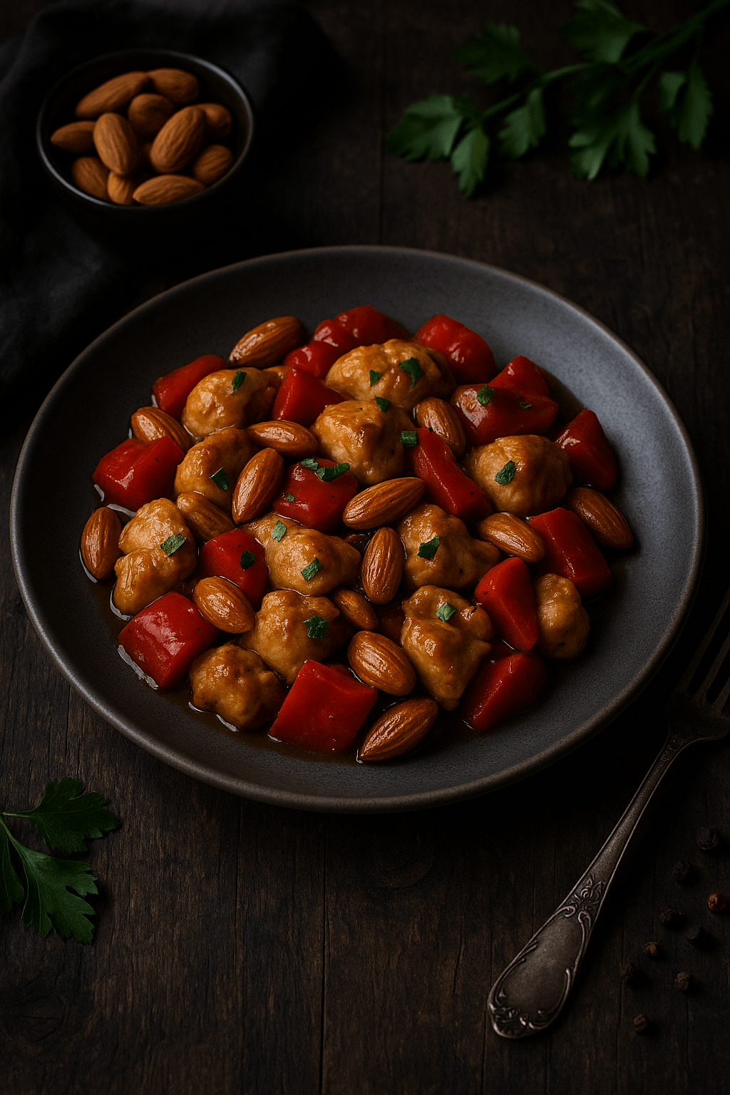 Pollo con almendras y&nbsp;pimientos